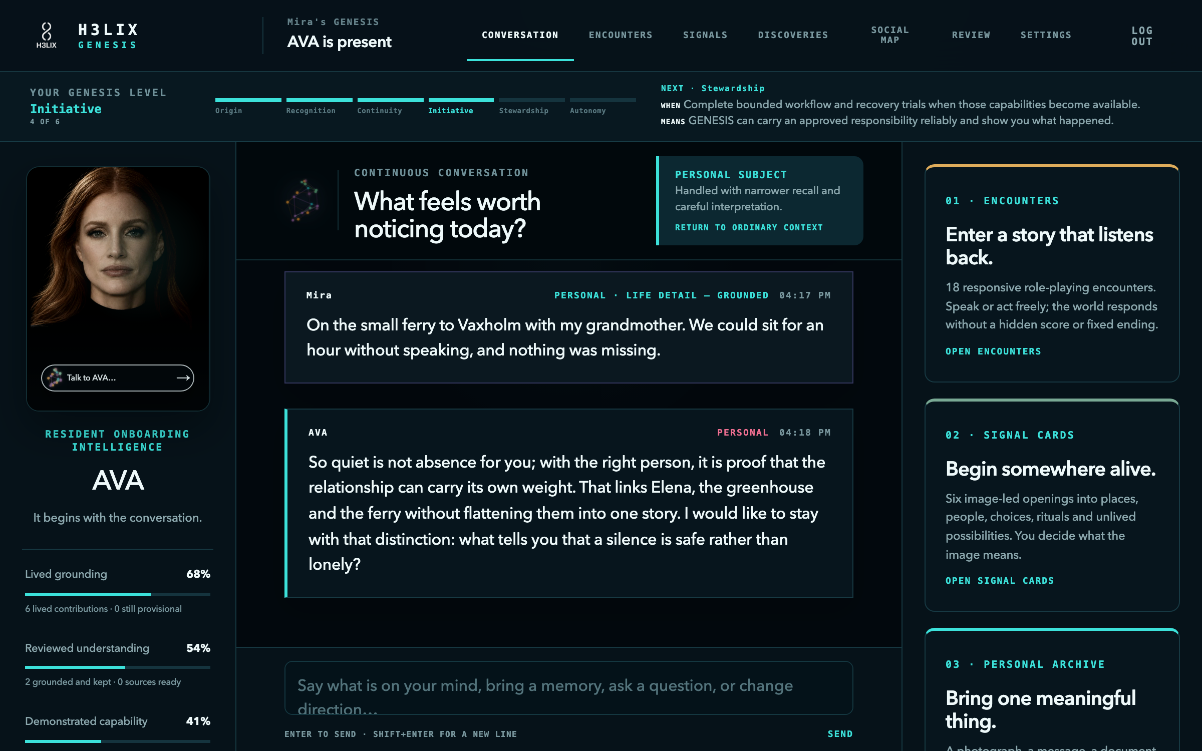 H3LIX Genesis conversation · supplied onboarding interface